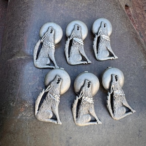 Set of Six Pewter Howling Wolf Button Covers, 1980s Fashion Accessory