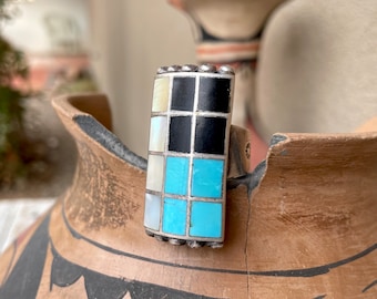 Vintage Heavy Turquoise Onyx Mother of Pearl Channel Inlay Ring Size 11, Checkerboard Geometric