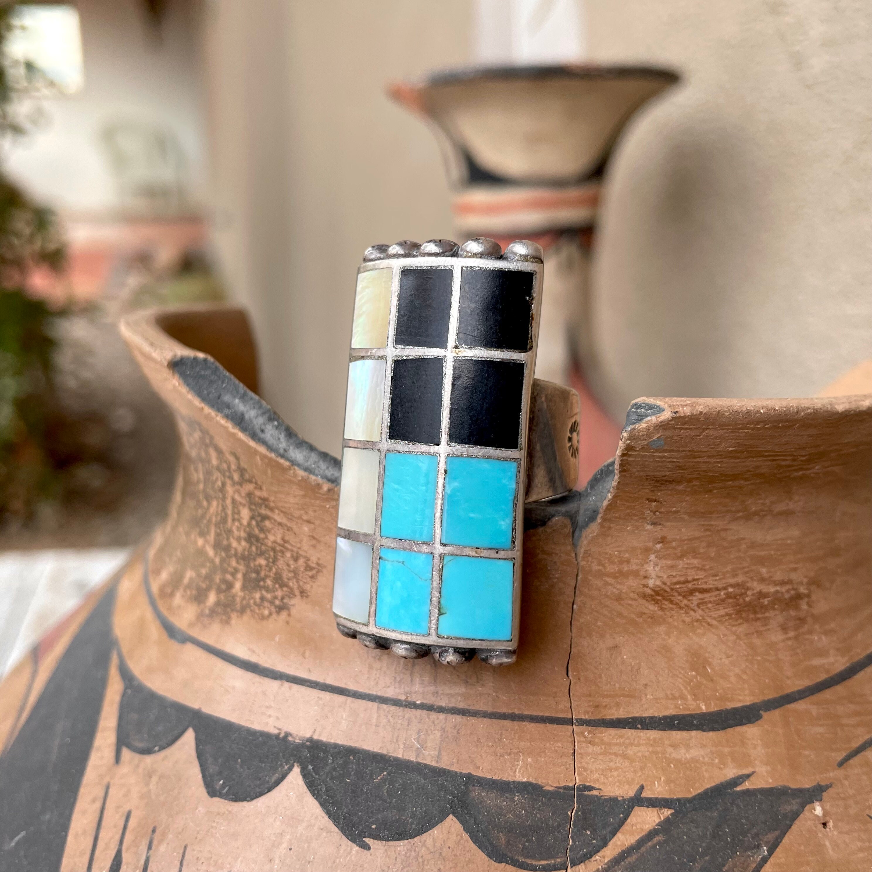 Native American Heavier Vintage Zuni Turquoise Pearl Sterling Silver Inlay Bracelet Native American Heavier Vintage Zuni Turquoise Pearl Sterling Silver Inlay Bracelet