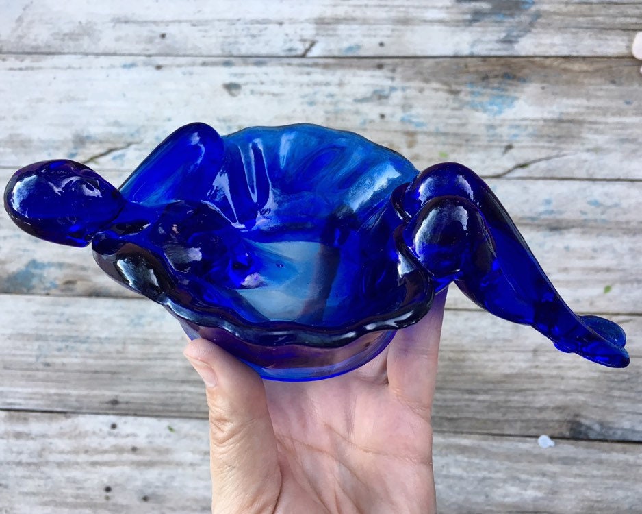 Cobalt Blue Glass Nude Woman Soap Dish Bathing Lady Nymph Trinket Dish