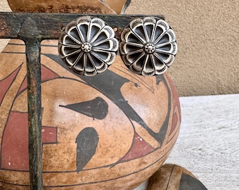 Sterling Silver Concho Post Earrings by Navajo Leander Tahe, Approx 1" Diameter