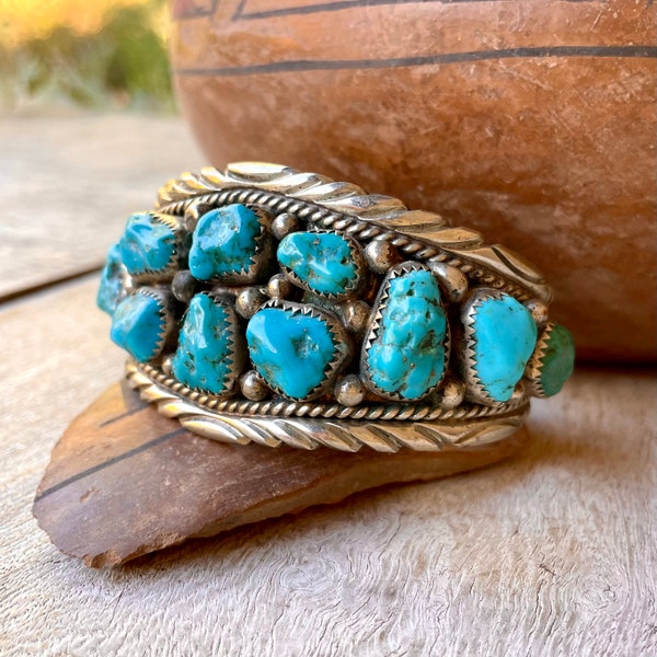 Vintage Navajo Nugget Turquoise Cluster Cuff Bracelet for Men Women, Native American Indian Jewelry, Anniversary Gift for Husband Boyfriend