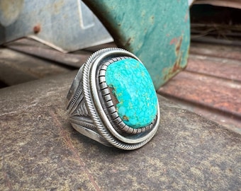 Navajo Calvin Martinez Natural Birdseye Turquoise Ring Size 10, Revival Heavy Gauge Silverwork