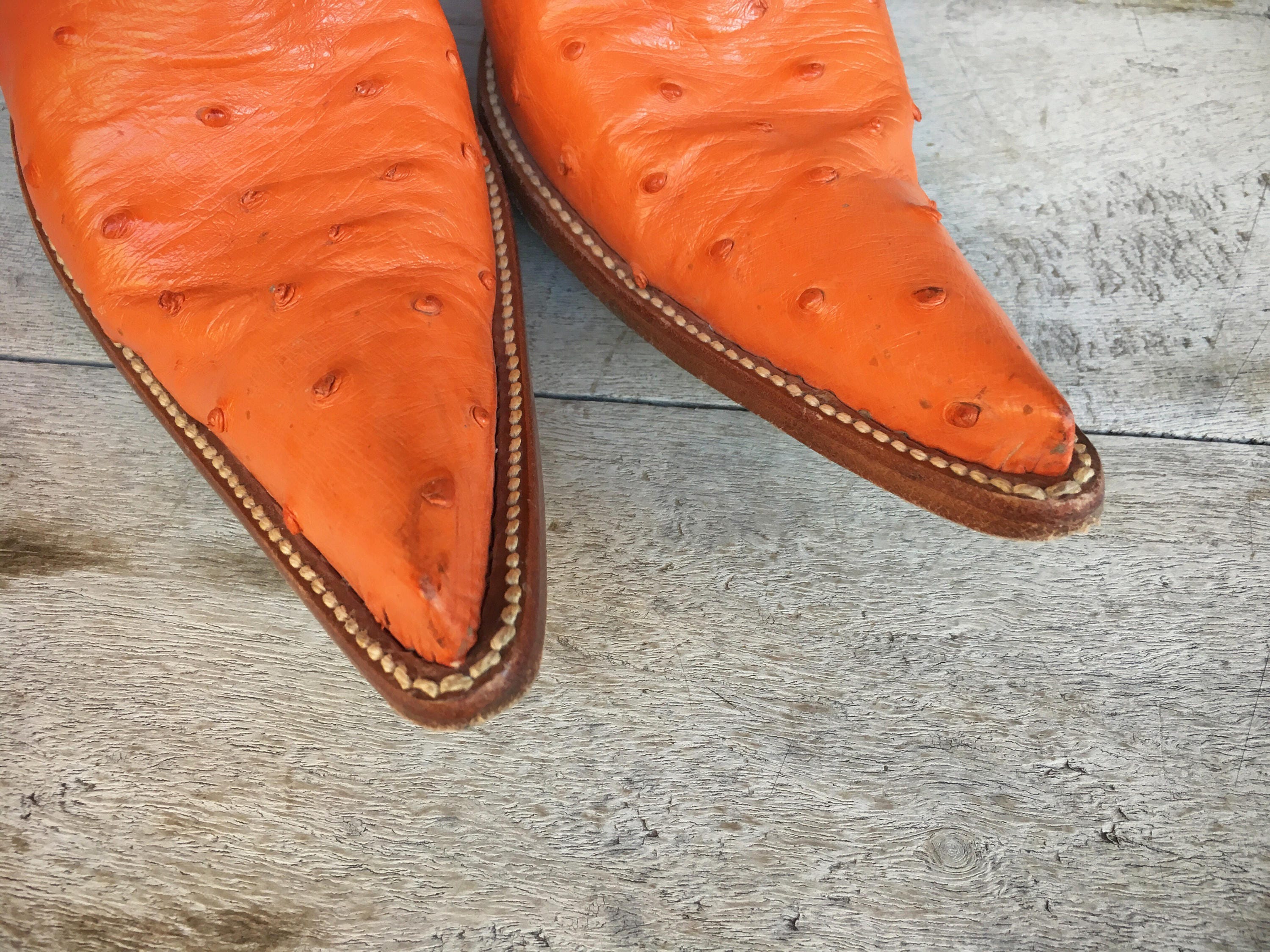 Vintage Stiletto Heel Mexican Pointy Boots Orange Ostrich Leather Women