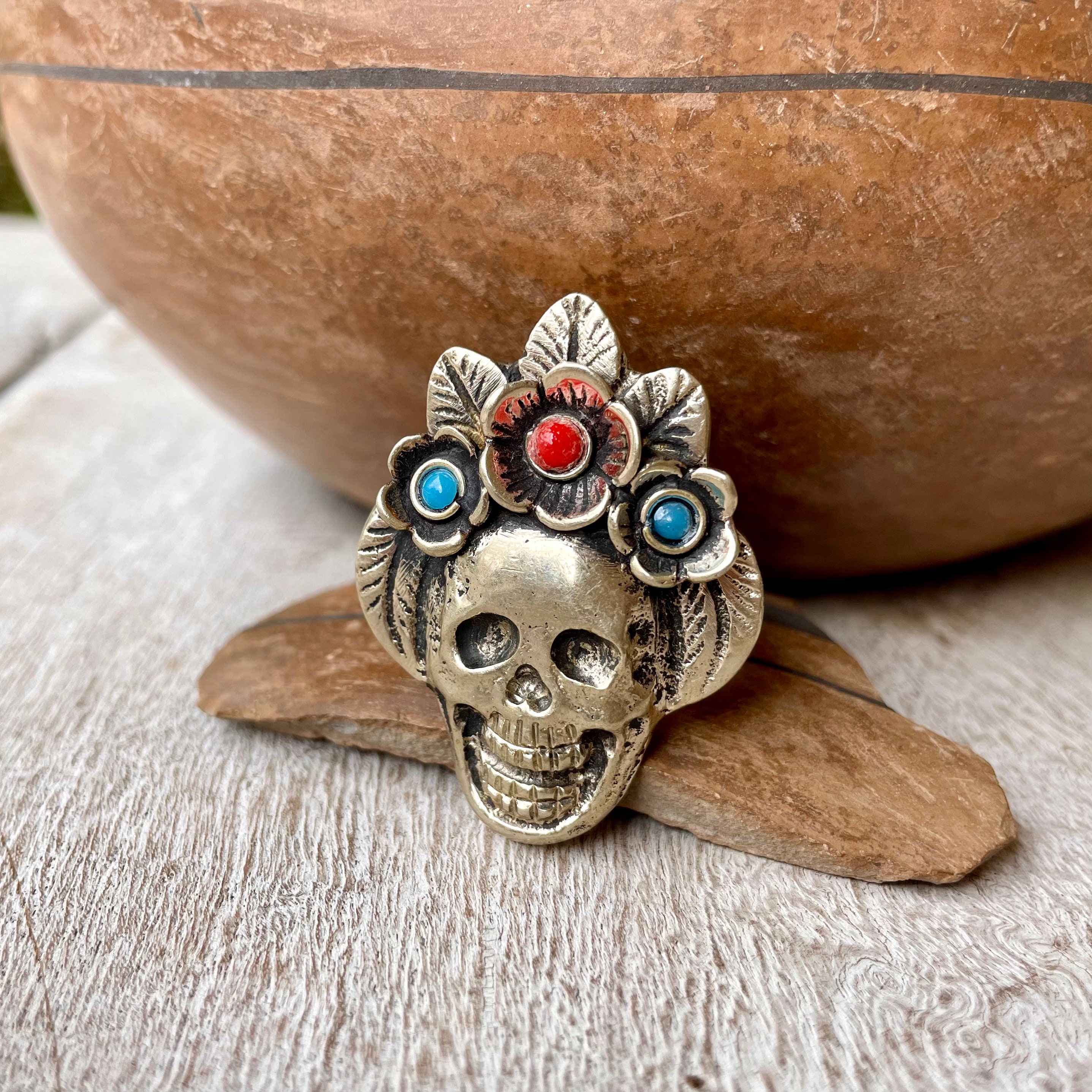Tribal Silver Skeleton Skull Ring on Adjustable Band, Coral