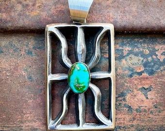 Chimney Butte Large Sterling Silver Sandcast Pendant w/ Sonoran Gold Turquoise, 3" Tall