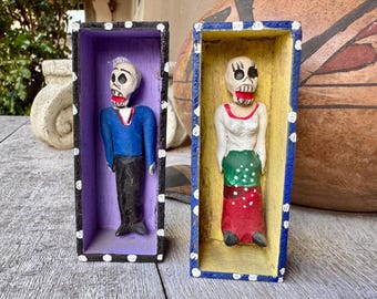 Two Small Skeleton Calavera Figurines in Box 1.25" x 3.5", Mexican Folk Art Day of the Dead