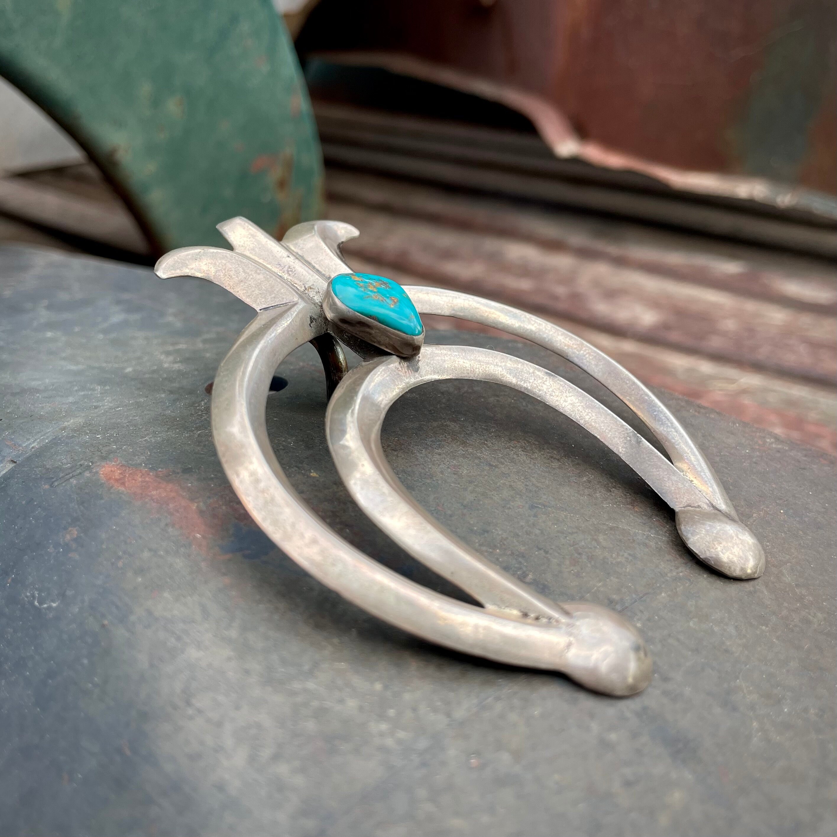 Large Vintage Sandcast Silver Naja Pendant with Turquoise Center