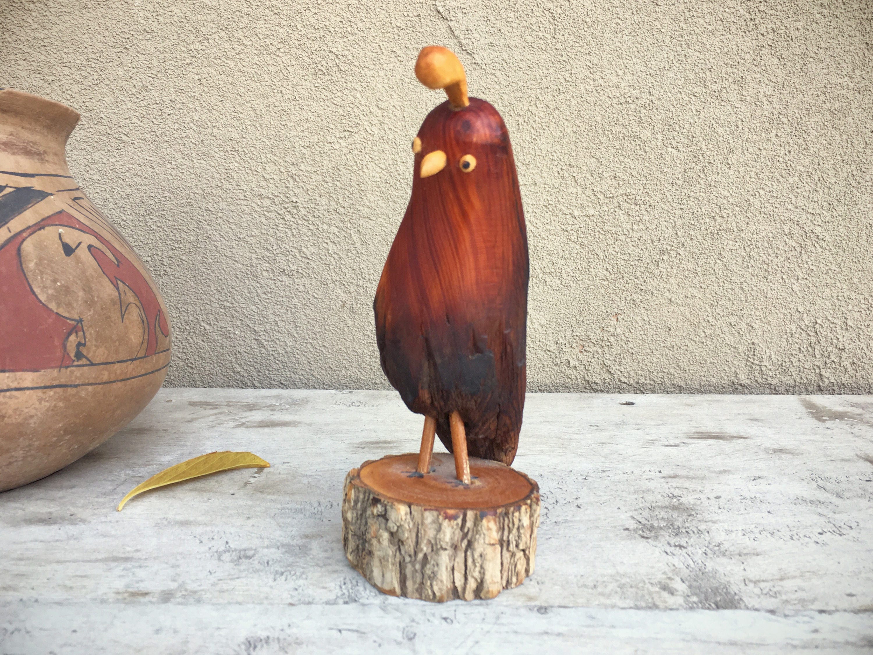 Vintage Hand Carved Quail Figurine Wood Carving Folk Art, Rustic Cabin Decor