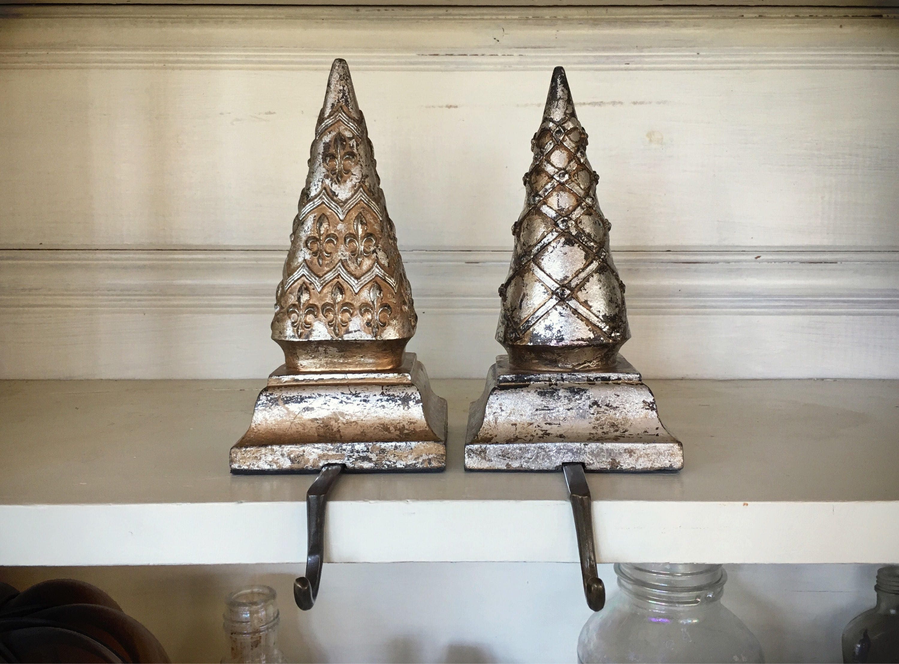 Distressed Finial Christmas Stocking Holders for Mantle, Rustic