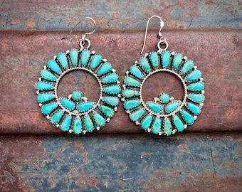 Navajo Zeita Begay Cluster Turquoise Hoop Earrings Approx 1.5" Dia, Dangle to 2"