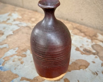 Signed Vintage Art Studio Pottery Weed Pot Steely Brown Glaze, Natural Organic Modern Decor
