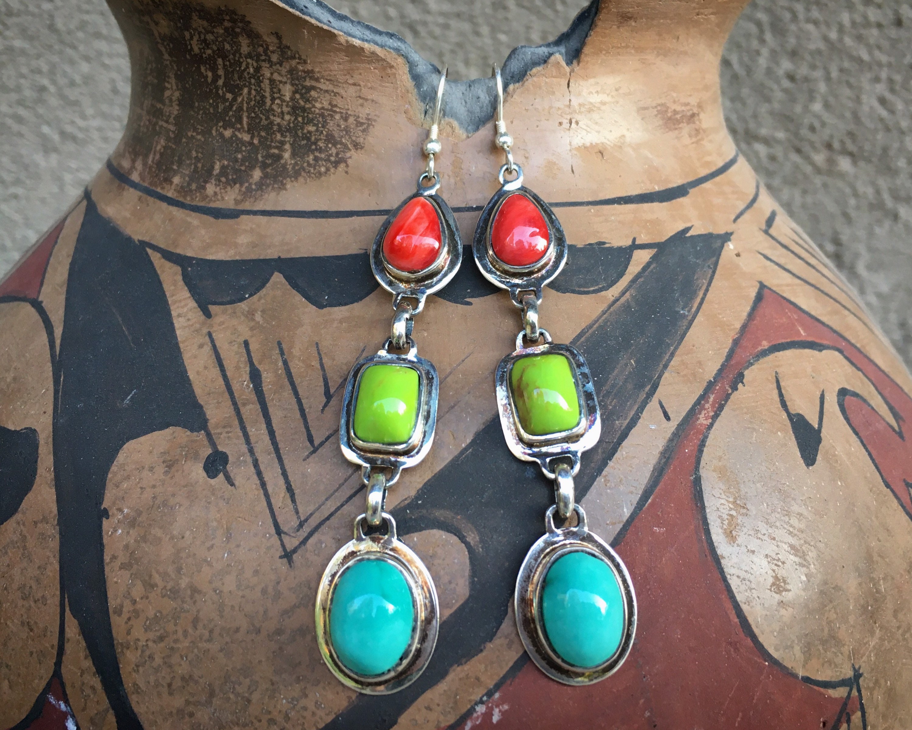 Multi Stone Multi Color Turquoise Dangles Southwestern Earrings Native