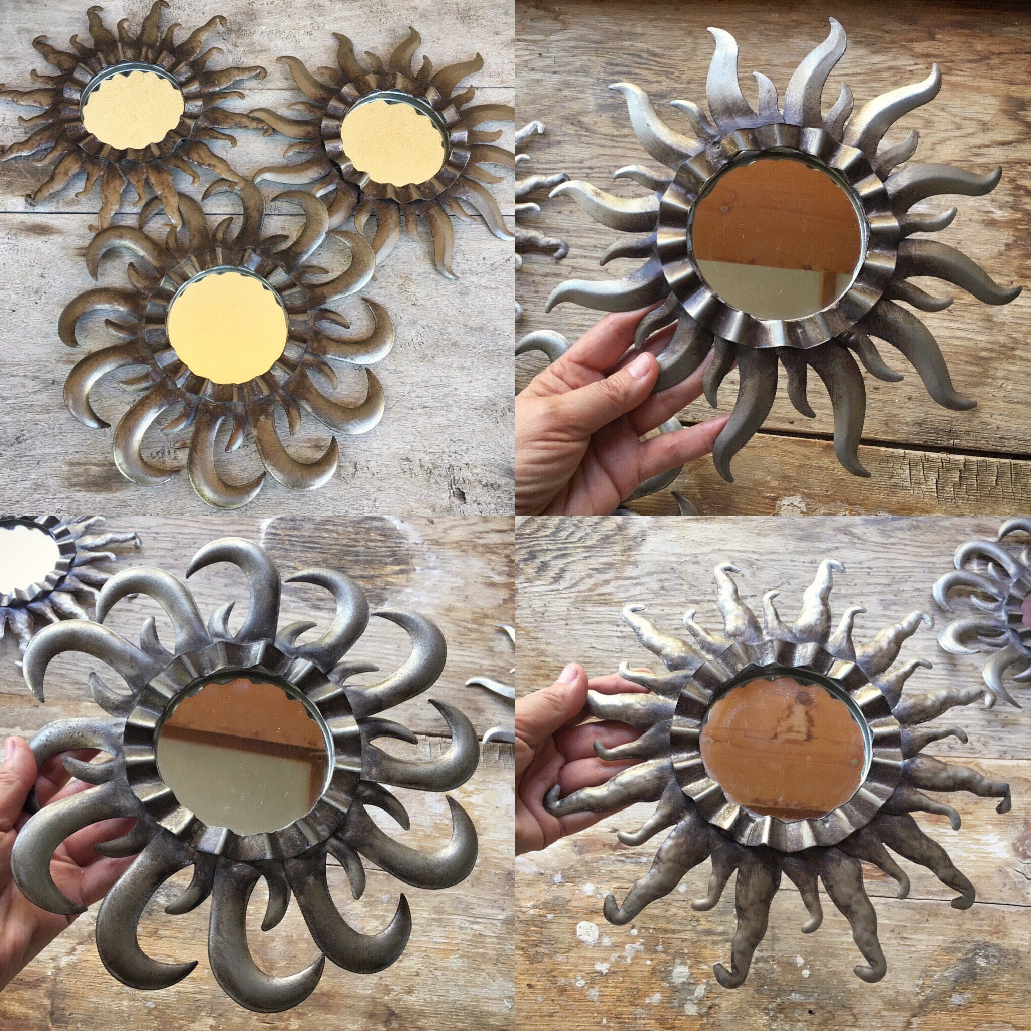 Trio of vintage celestial mirrors with metal tin frames, sun moon star