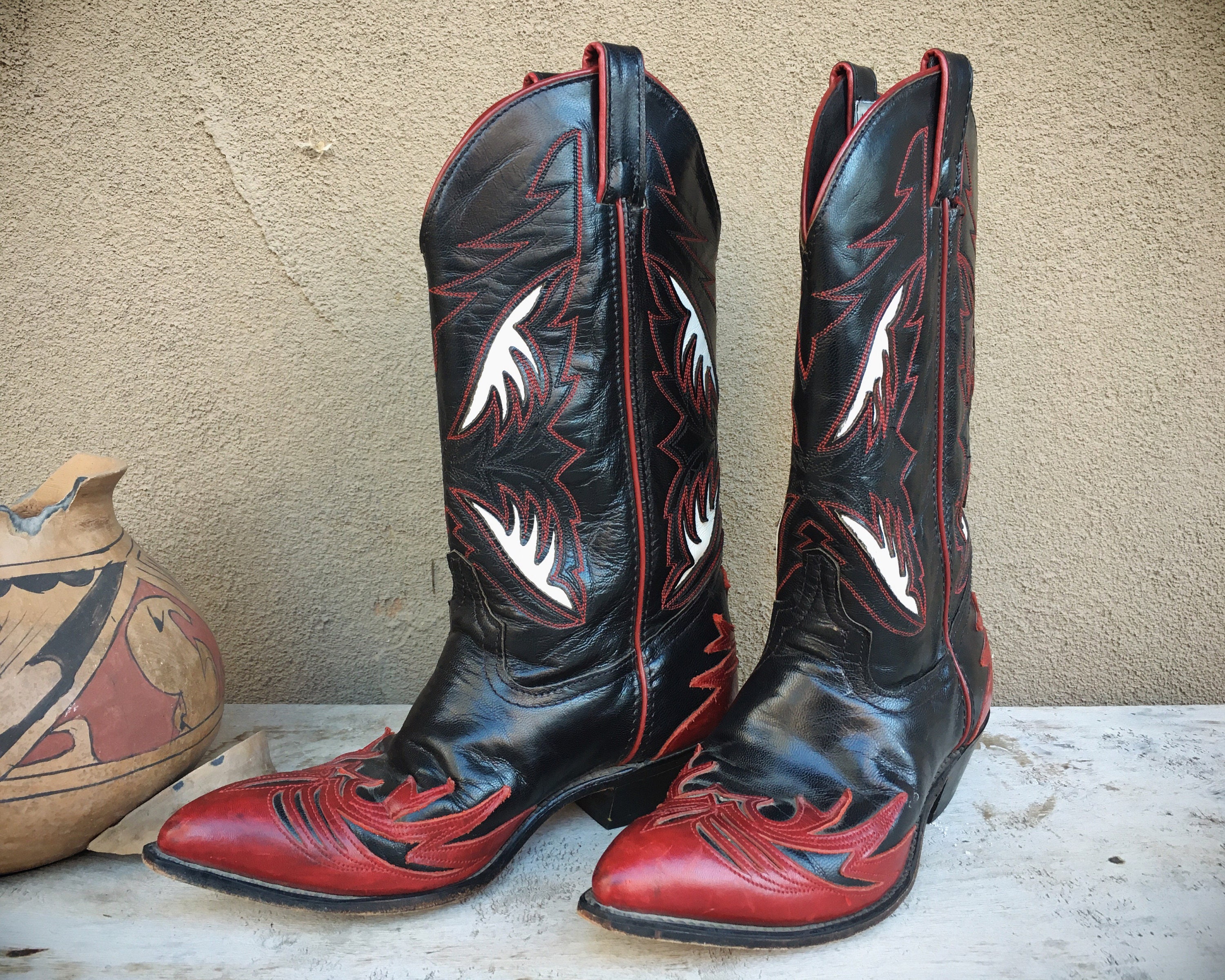 Vintage Black Red Leather Cowgirl Boot Size 9 (Run Small) Code West,  Women's Cowboy Boot