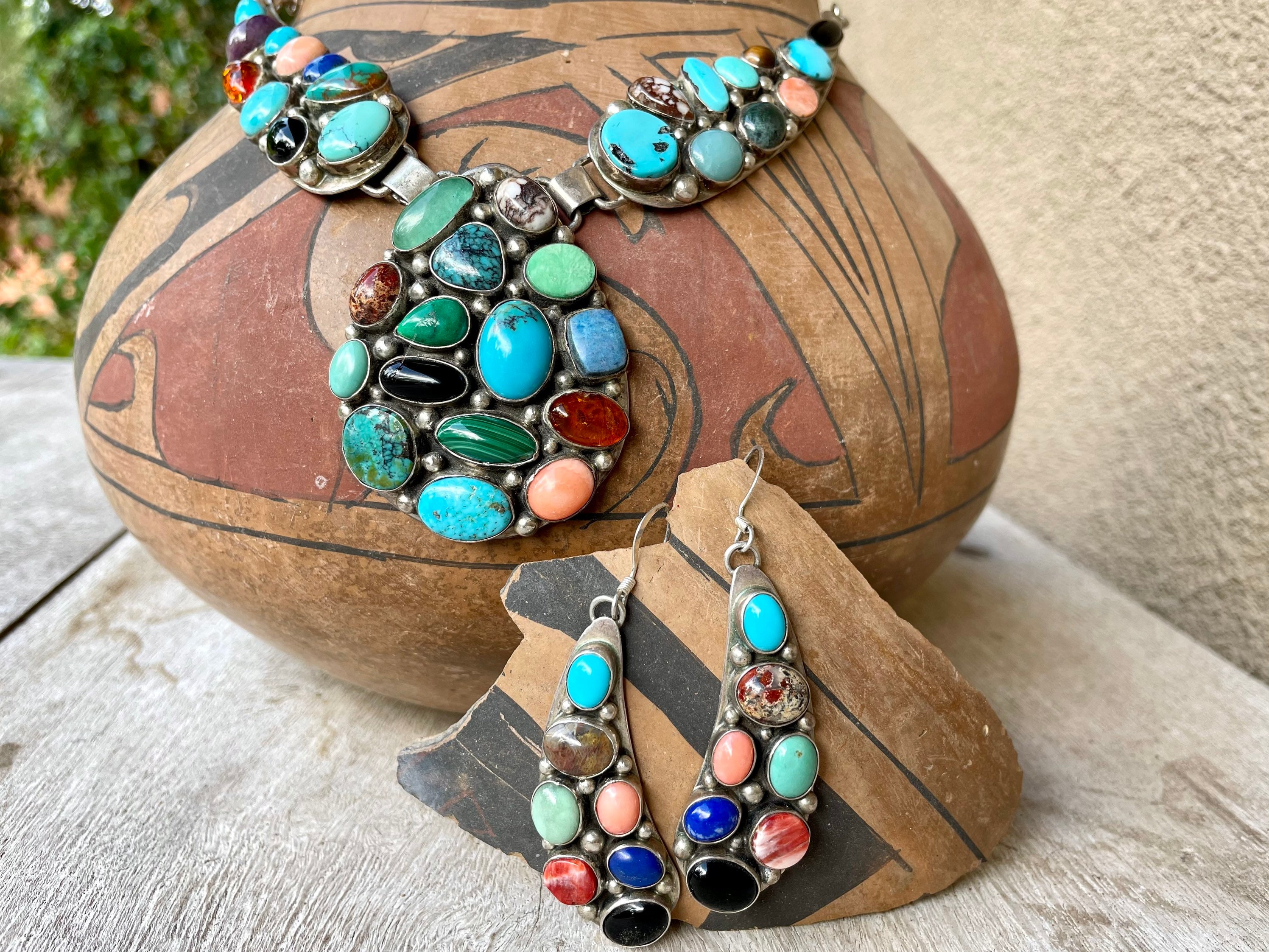 Navajo Emer Thompson Lariat Necklace MultiGemstone w/ Earrings, Native