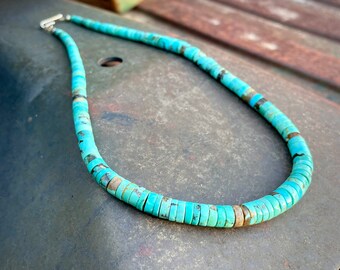 Vintage Matrixed Blue Turquoise Heishi Necklace Approx 18.25", Southwest Native American Indian Santo Domingo Pueblo Jewelry, Boho Gift Her