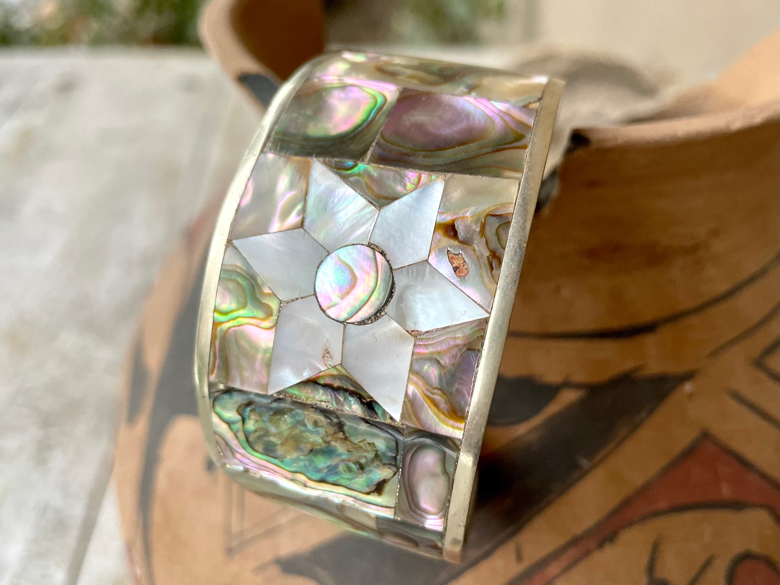 German Silver and Abalone Turquoise Cuff Bracelet with