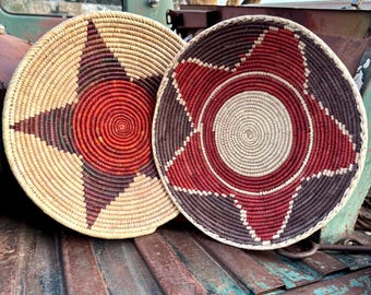 Two Shallow Woven Baskets Approx 14.5 - 15", Earthy Colors with Star Designs