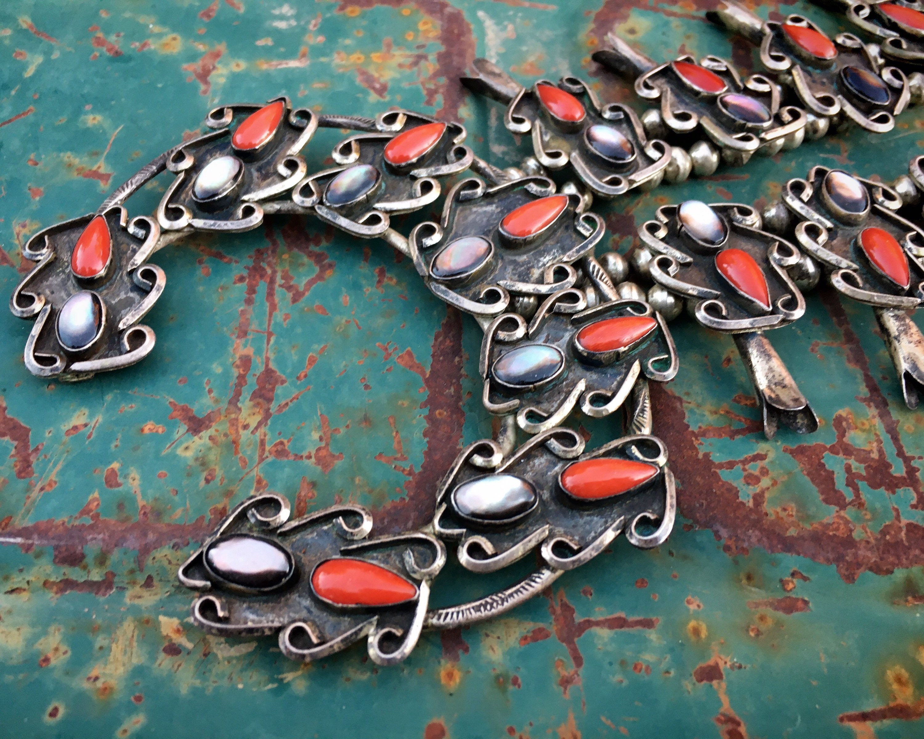 220g 1950s Coral Mother of Pearl Squash Blossom Necklace with Huge Naja