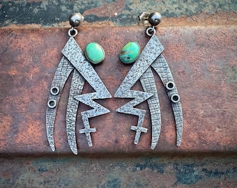 Vintage Sterling Silver Turquoise Dangle Earrings, Cross on Lightning Bolt