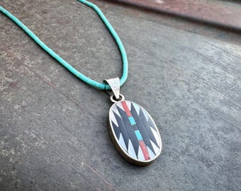 Vintage Zuni Charlotte Dishta Inlay Pendant on Thin Turquoise Heishi Necklace Approx 18"