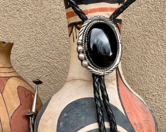 Vintage Black Onyx Sterling Silver Concho Bolo Tie by Navajo Ronnie Hurley, Southwestern Bola Native American Jewelry Gift, Western Wedding