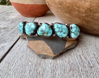 Navajo Paul Sanchez Five-Stone Turquoise Row Bracelet Size 7.25, Dry Creek