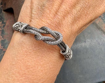 Woven Sterling Silver Bracelet Tied Knot for Small Wrist, 20g, Hook Closure