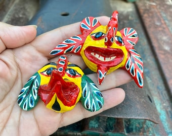 Pair of Miniature Painted Clay Masks Peruvian, Mythological Creatures, Day of Dead Folk Art