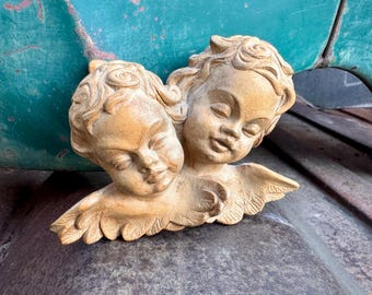 Small Hand-Carved Wood Double Cherub Bust Wall Hanging, Approx 4.5" W x 3.5" H