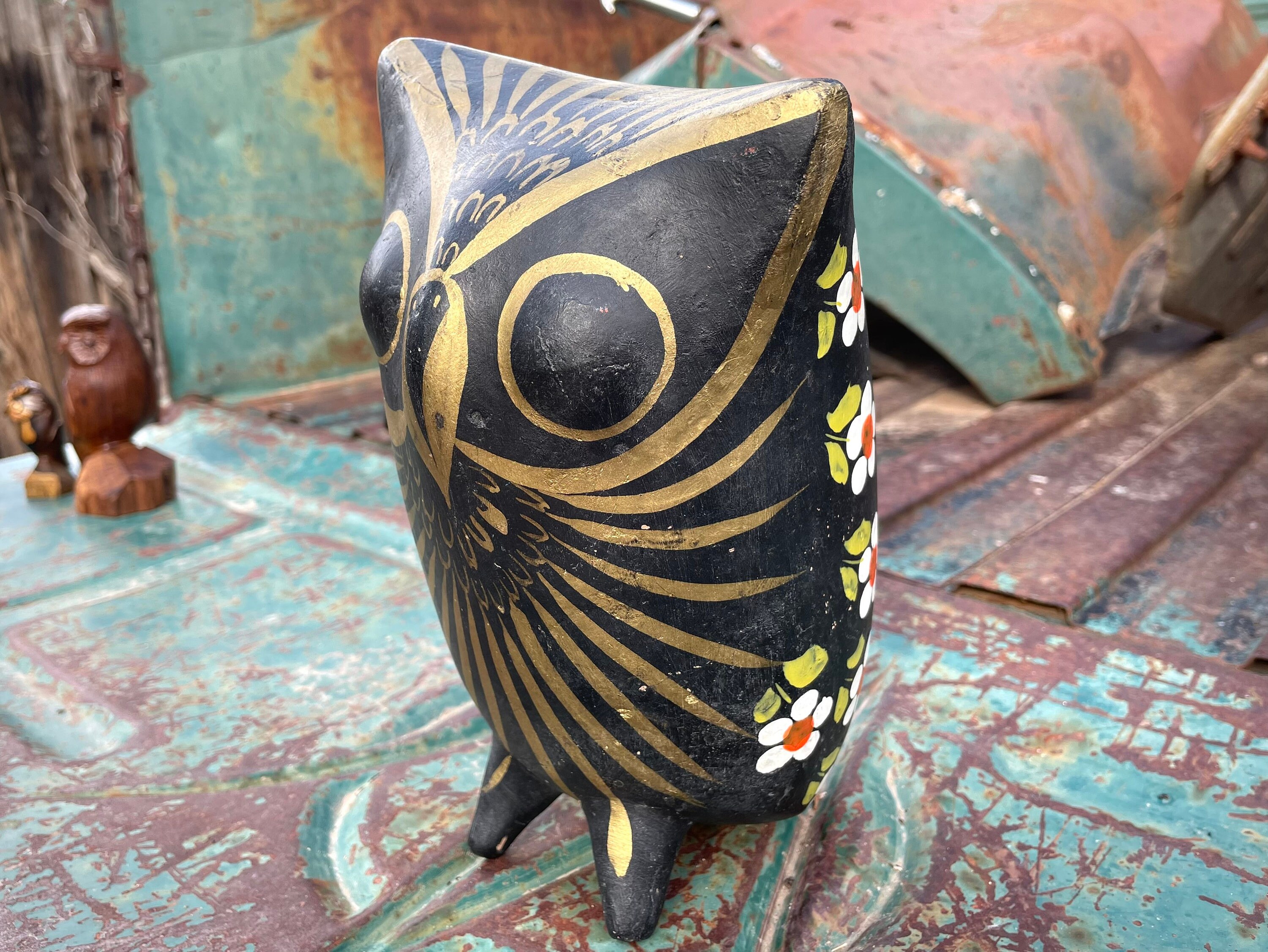 Large Mexican Pottery Owl Statue Painted Black Gold with Flowers ...