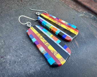 Colorful Santo Domingo Mosaic Inlay Slab Earrings Yellow Black Red, Native American Jewelry