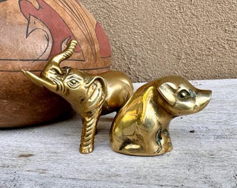 Pair of Small Vintage Brass Animal Figurines of Elephant and Pig, Cute Shelf Display