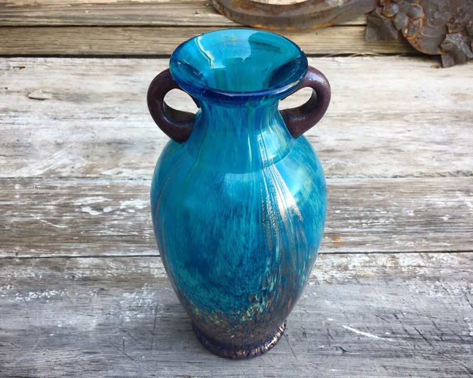 Vintage Teal Blue Favrile Art Glass Hand Blown Dale Tiffany Amphora