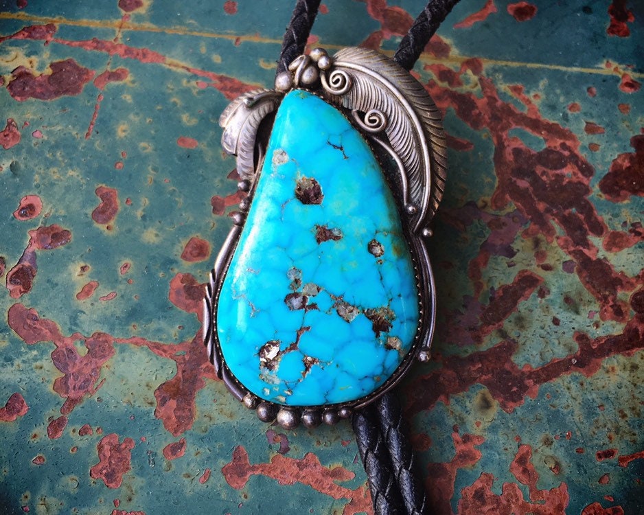 Big And Old Men's Huge Natural Turquoise Native American Jewelry Silver Bolo Tie Big And Old Men's Huge Natural Turquoise Native American Jewelry Silver Bolo Tie