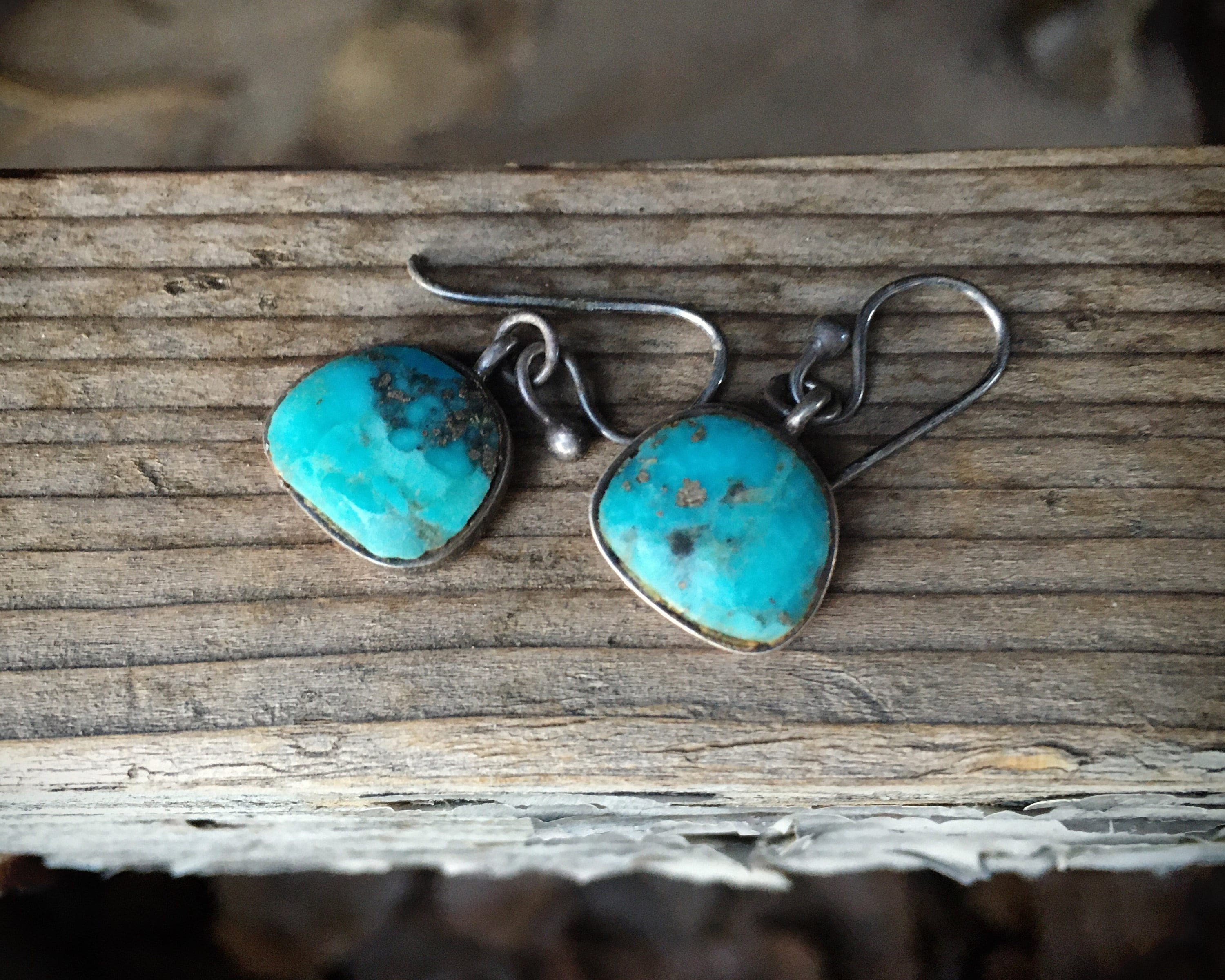 Vintage Small Sterling Silver Turquoise Earrings for Woman, Minimalist Dangles, Southwestern Jewelry