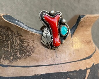 Natural Branch Coral and Turquoise Ring for Women Size 4, Native American Indian Jewelry