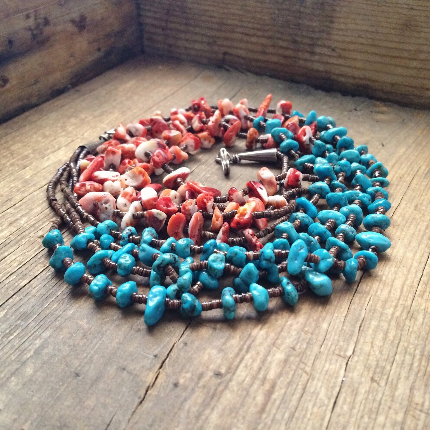 18 four-strand coral turquoise choker with pen shell heishi, turquoise ...