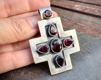 Sterling Silver Garnet Cross Pendant Signed DMD, Shepherd's Hook Bale, No Chain
