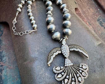 Upcycled Rhinestone Costume Jewelry Bird Pendant on Sterling Bead Necklace 16.5"