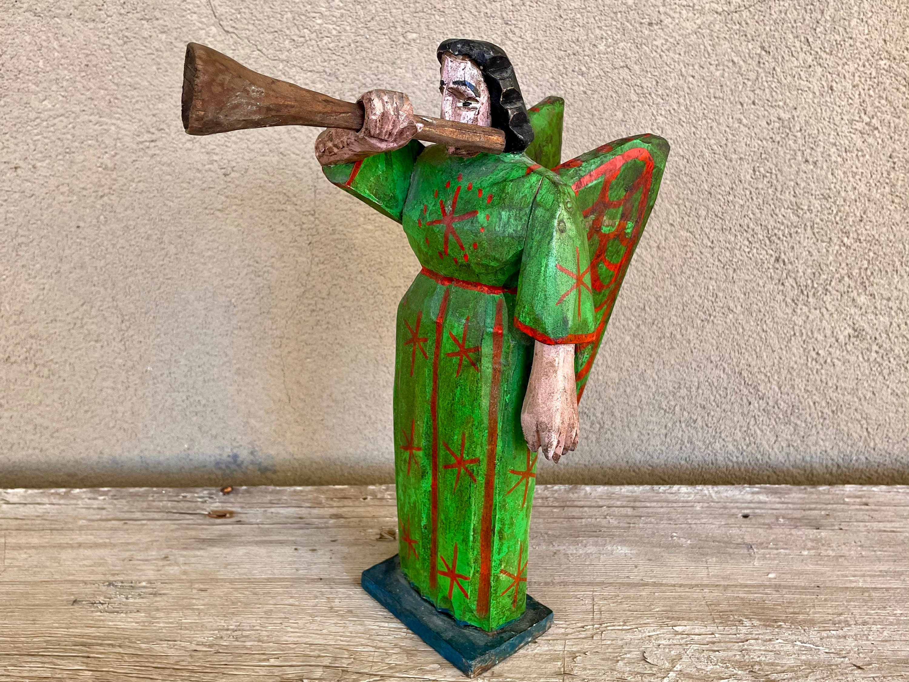 Vintage Religious Statue Carved Wood Angel with Removable Wings and