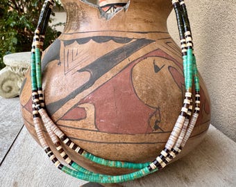 Three-Strand Heishi Necklace 26"-29" Turquoise Serpentine Shell, Vintage Southwestern Jewelry