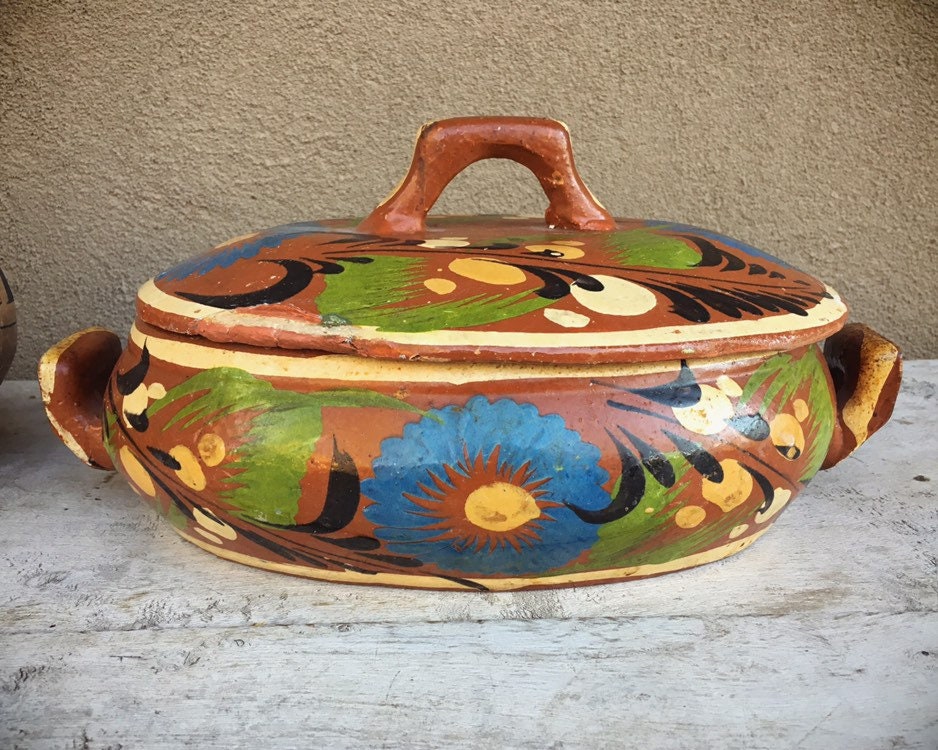 Old Mexican Pottery Lidded Casserole Dish (Repaired) Southwestern Decor