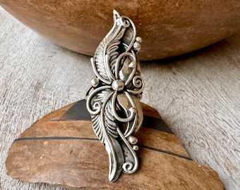 Vintage Ornate Silverwork Flower Tendril Design Long Ring Size 9.75, 1970s Native American Indian Jewelry, Traditional Navajo Style