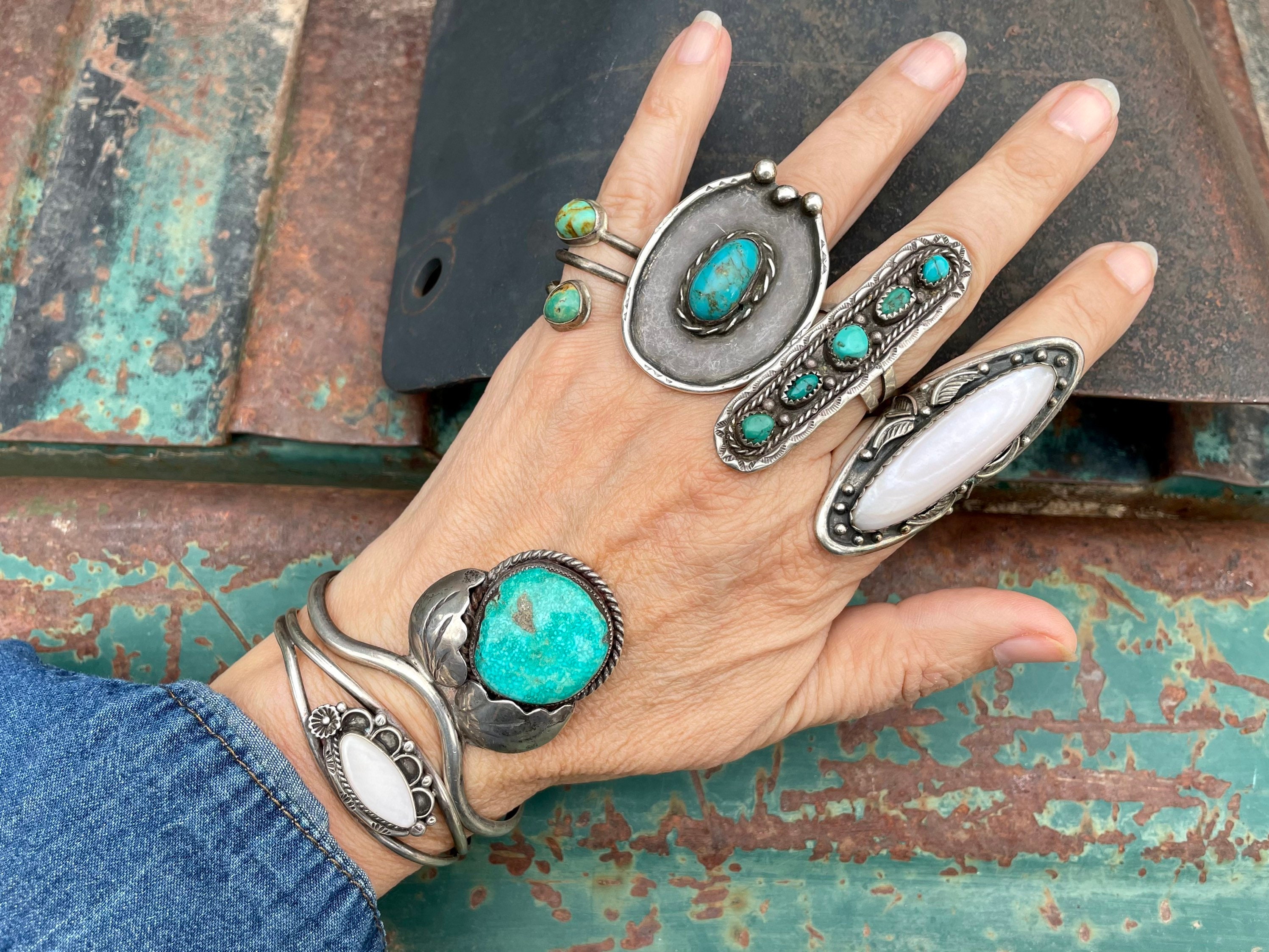 Size 9 Old Navajo Long Ring with Blue and Green Turquoise Stones