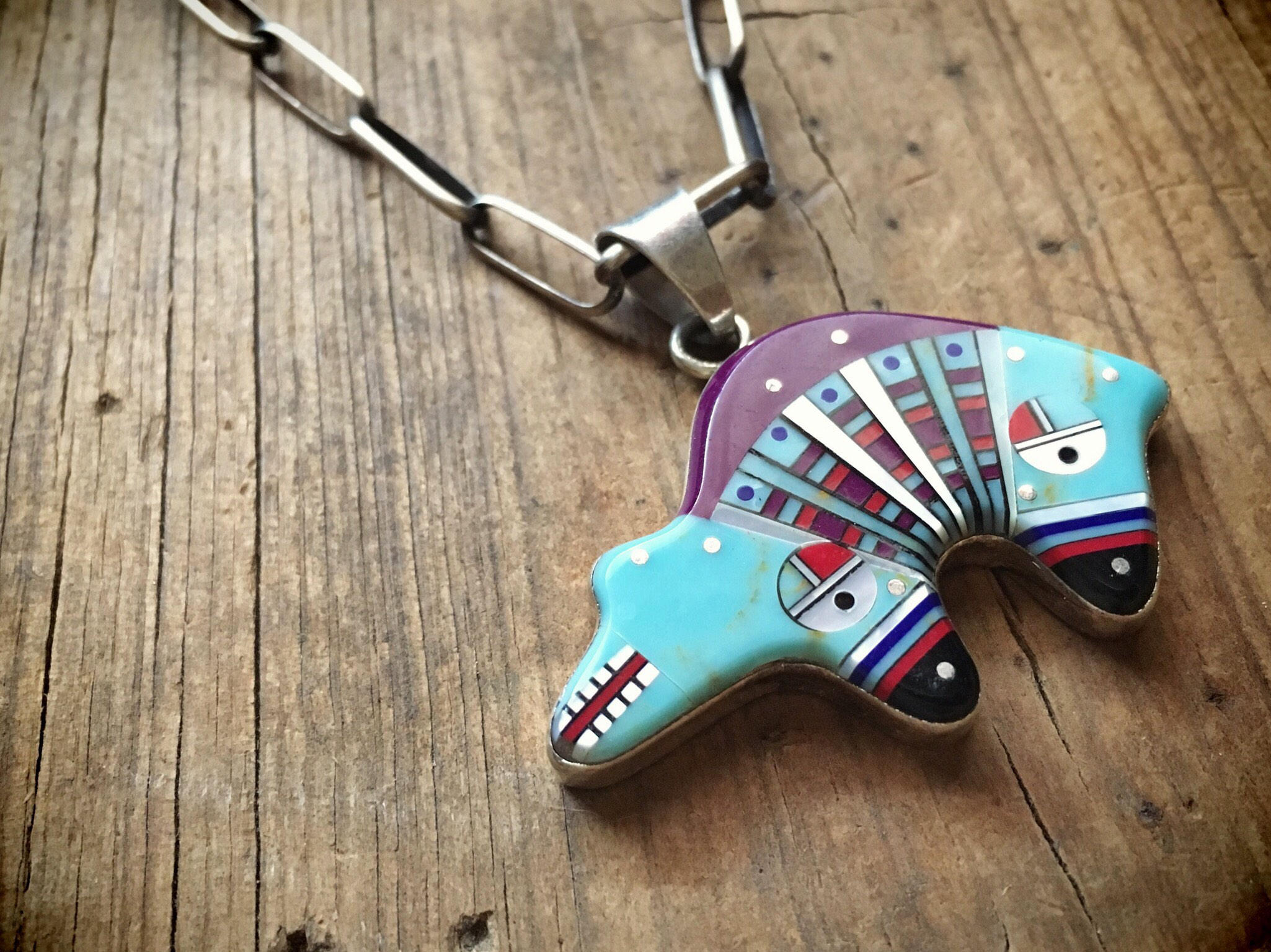 Vintage sterling silver turquoise bear necklace pendant micro inlay ...