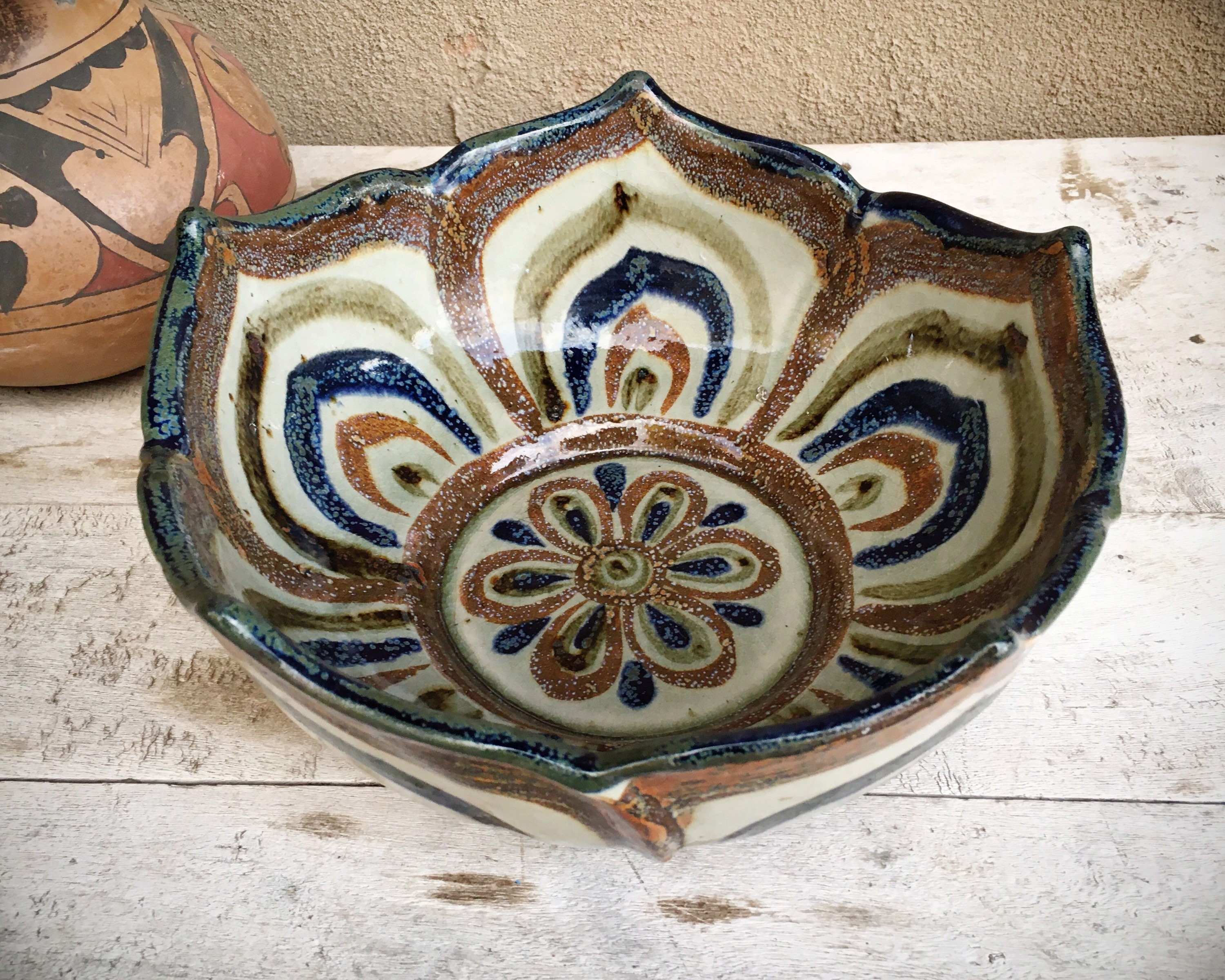 Signed Ken Edwards Pottery Sculptural Fruit Bowl, Tonala Mexican