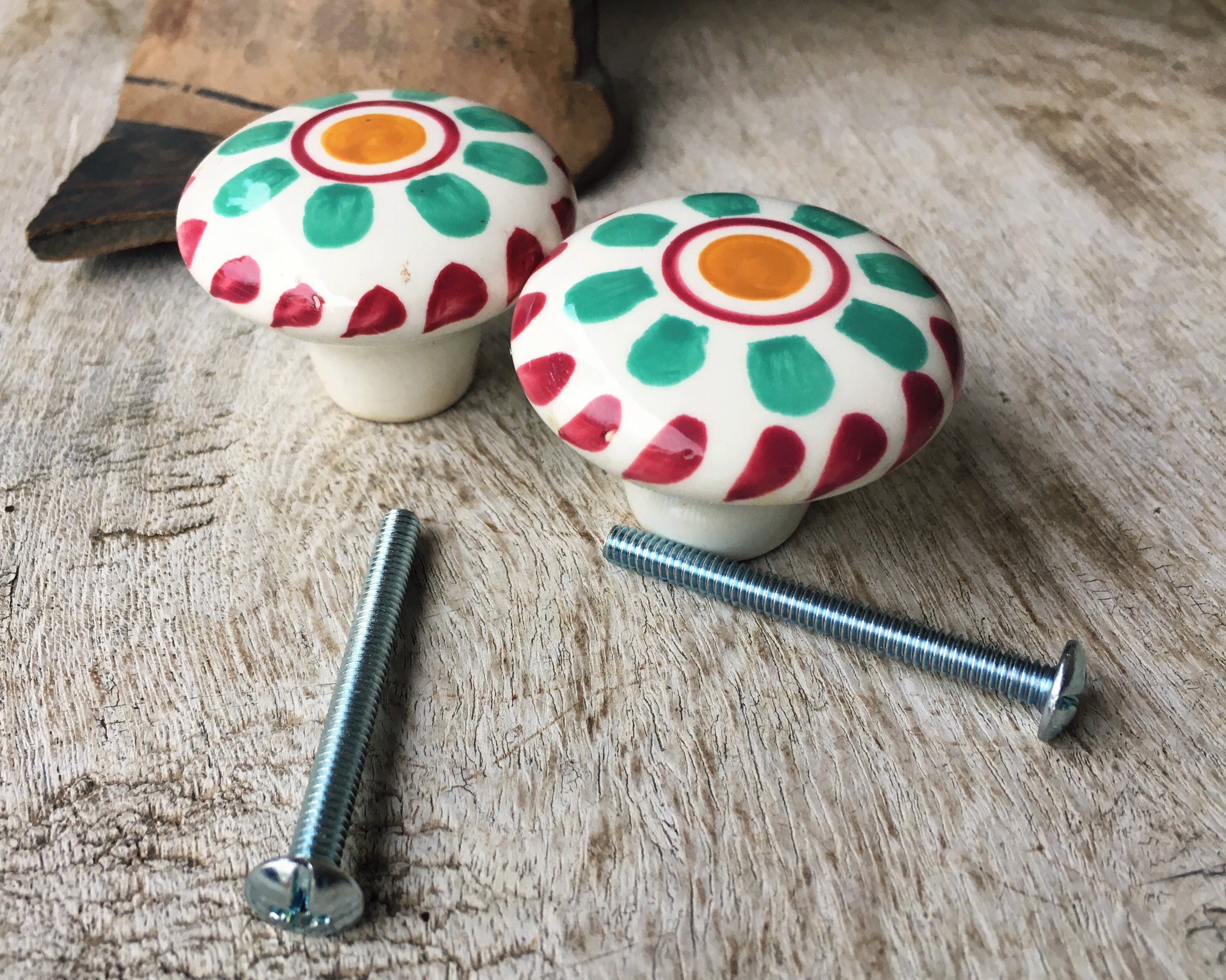 Pair of Ceramic Drawer Pulls in Green and Pink, Rustic Bohemian Home