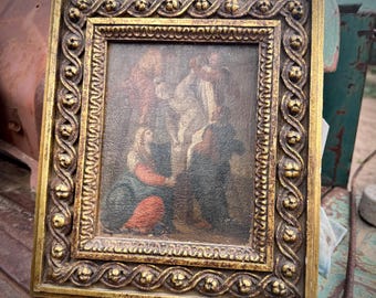 Deposition of Christ Framed 12" x 14", Restored Antique Religious Painting on Canvas